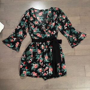 Zara Basic Womens Floral Jumper Deep V Neck Plunge Size xS Sheer Multicolor Tie